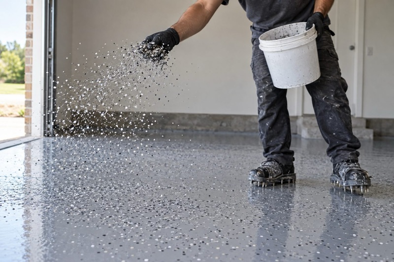 Installer scattering decorative flakes onto a wet garage floor coating